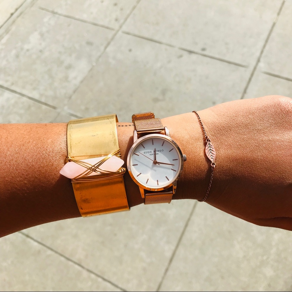 Rose Quartz crystal brass wide cuff